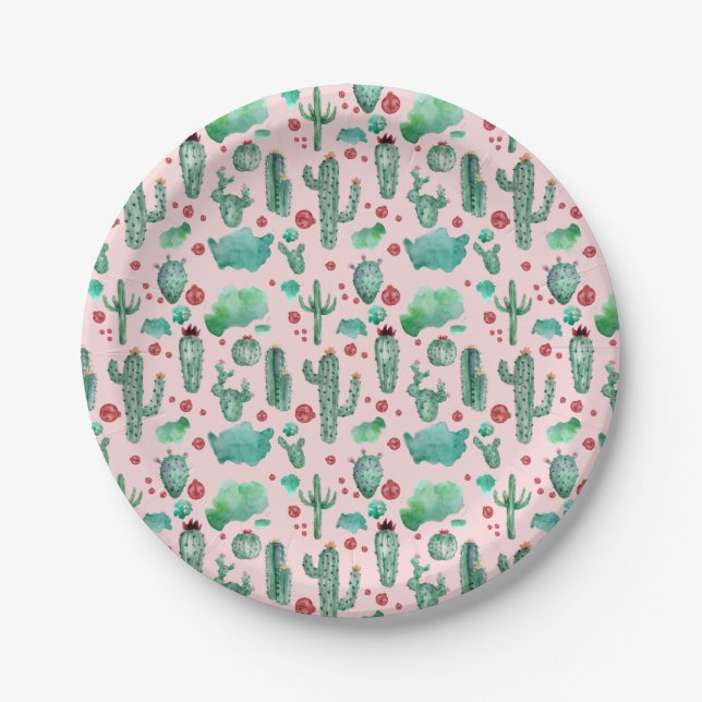 cactus and ladybug pattern - light pink background paper plate (Front)