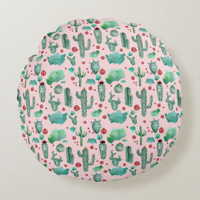 cactus and ladybug pattern - light pink background round cushion (Front)