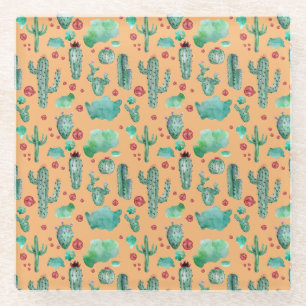 cactus and ladybug pattern - orange background glass coaster