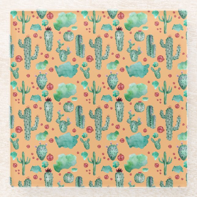 cactus and ladybug pattern - orange background glass coaster (Front)