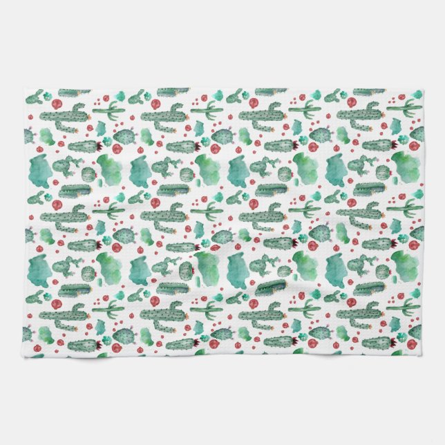 cactus and ladybug pattern - white background tea towel (Horizontal)