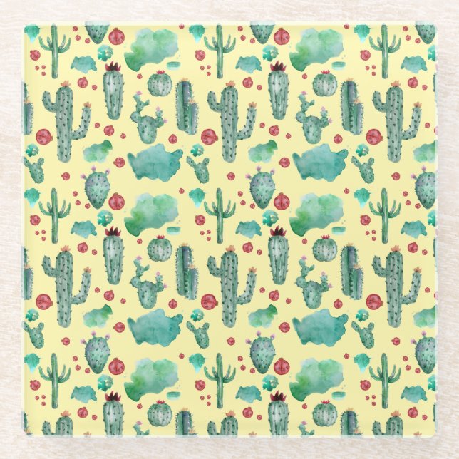 cactus and ladybug pattern - yellow background glass coaster (Front)