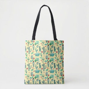 cactus and ladybug pattern - yellow background tote bag