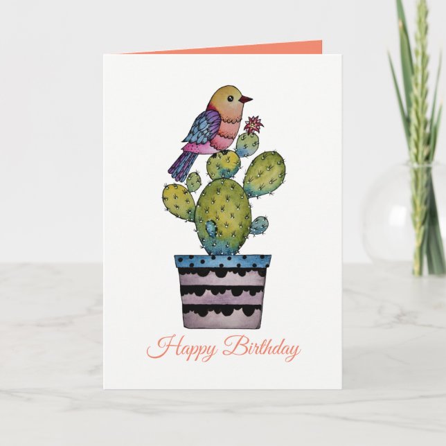 Cactus And Rainbow Bird In Watercolor Card (Front)