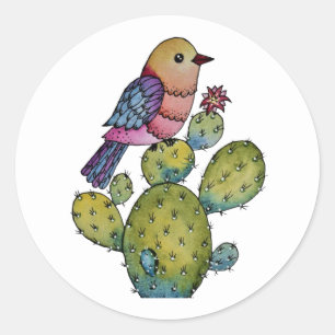 Cactus And Rainbow Bird In Watercolor Classic Round Sticker