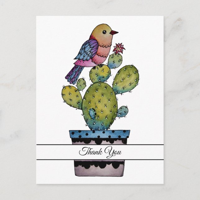 Cactus And Rainbow Bird In Watercolor Postcard (Front)