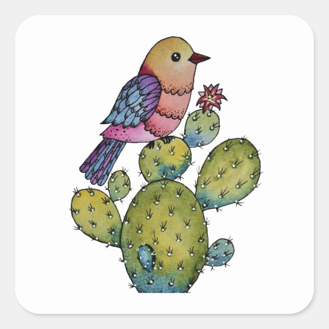 Cactus And Rainbow Bird In Watercolor Square Sticker (Front)