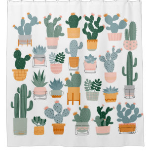 Cactus and succulents in pots on white background. shower curtain