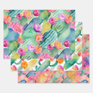 Cactus Art Combo Green White Pink Desert Southwest Wrapping Paper Sheet