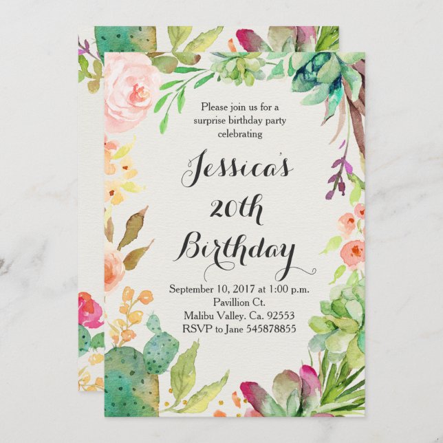 Cactus birthday invitation (Front/Back)