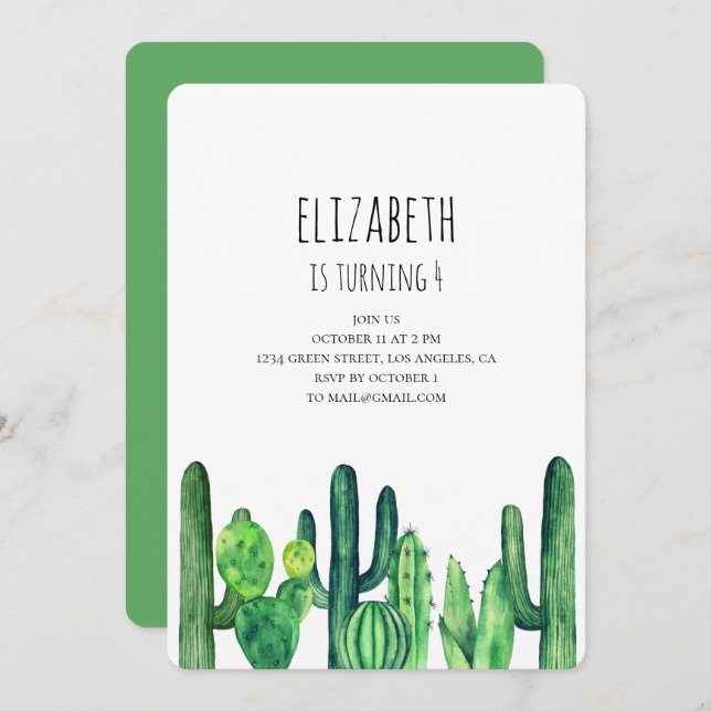 Cactus birthday party invitation. Green cacti Invitation (Front/Back)