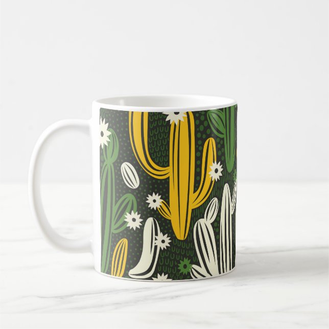 Cactus Black Background Vintage Pattern Coffee Mug (Left)