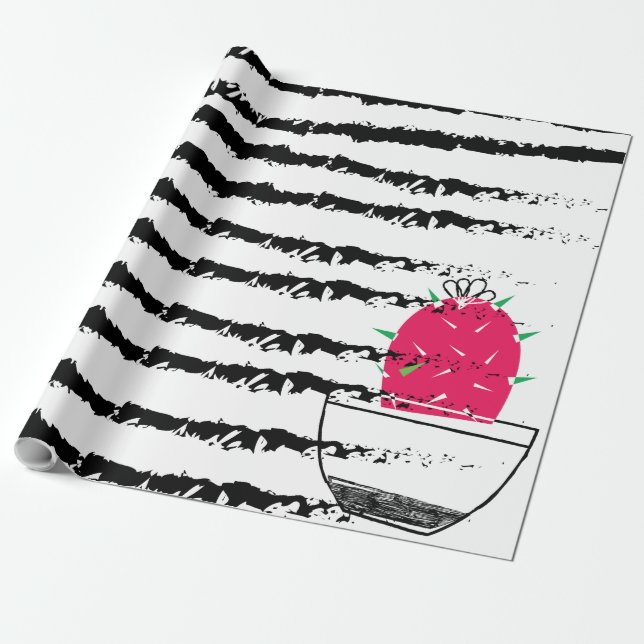 Cactus black white pattern wrapping paper (Unrolled)