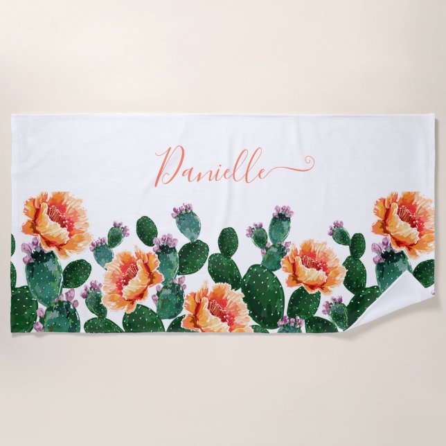 Cactus Blooming with Flowers Beach Towel (Front)