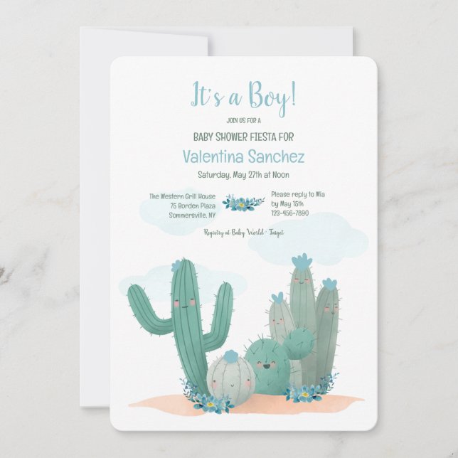 Cactus Blooms Blue Baby Shower Invitation (Front)