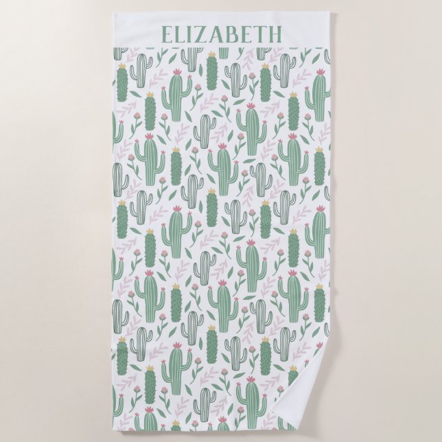 Cactus botanical pattern personalised beach towel (Front)