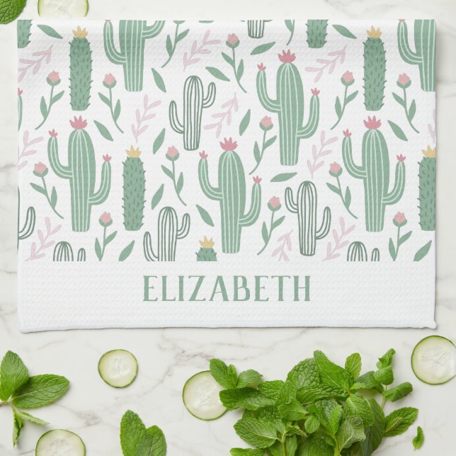 Cactus botanical pattern personalised tea towel (Folded)