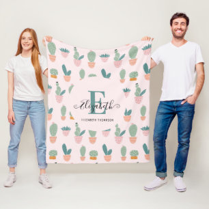 Cactus Cacti Succulent Pink Greenery Monogram Fleece Blanket