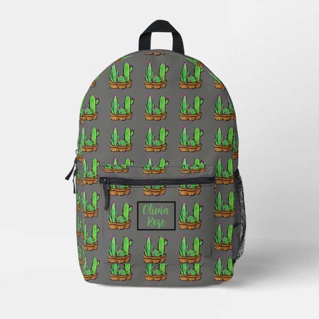 Cactus cacti succulents pattern grey personalise  printed backpack (Front)