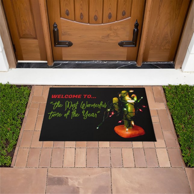 Cactus Candle Wrapped in Christmas Lights Doormat (Outdoor)