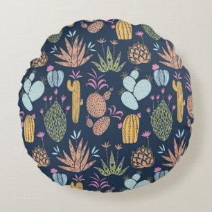 Cactus Charm: Colourful Vintage Floral Round Cushion