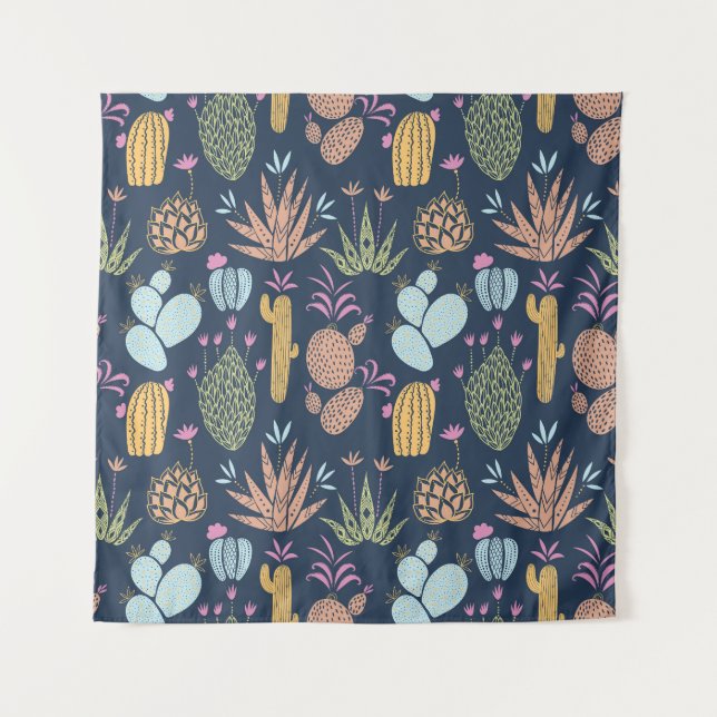 Cactus Charm: Colourful Vintage Floral Tapestry (Front)