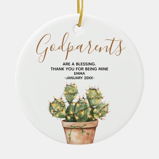 Cactus Christmas Godparents Family Keepsake Ceramic Tree Decoration (Front)