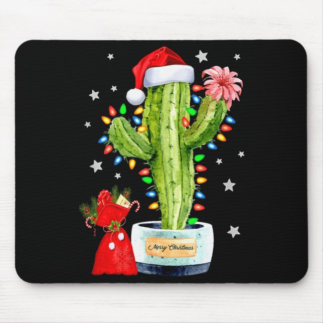 Cactus Christmas Sweater Lights Santa Xmas Plant L Mouse Pad (Front)