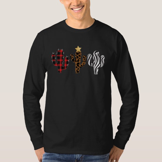 Cactus Christmas Tree  Leopard Plaid Designs T-Shirt (Front)