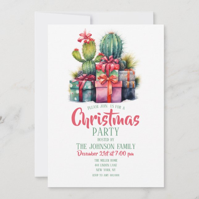 Cactus Christmas Tree Watercolor Invitation (Front)