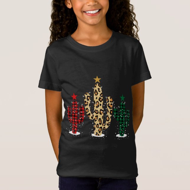 Cactus Christmas Tree with Buffalo Plaid Leopard D T-Shirt (Front)