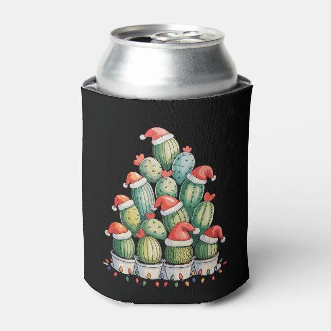 Cactus Christmas Tree Xmas Lights Succulent Santa Can Cooler (Can Front)