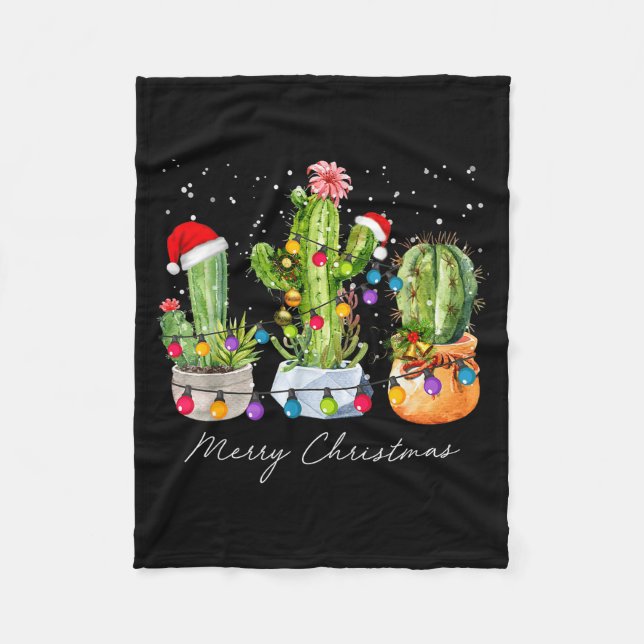 Cactus Christmas Xmas Trees Lights Santa Hat Cactu Fleece Blanket (Front)