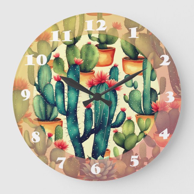 Cactus Colourful Watercolor art  Large Clock (Front)