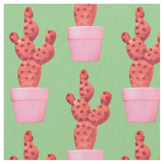 Cactus Cute Modern Green Pink Pop Art Fabric (Close Up)