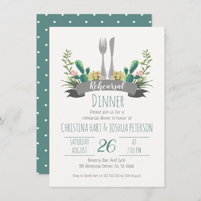 Cactus Cutlery Rehearsal Dinner Invitation (Front/Back)