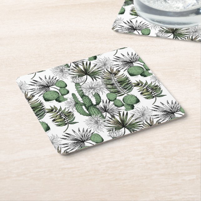 Cactus Desert Pattern Square Paper Coaster (Angled)