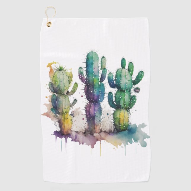 Cactus design with colourful splatters golf towel (Front)