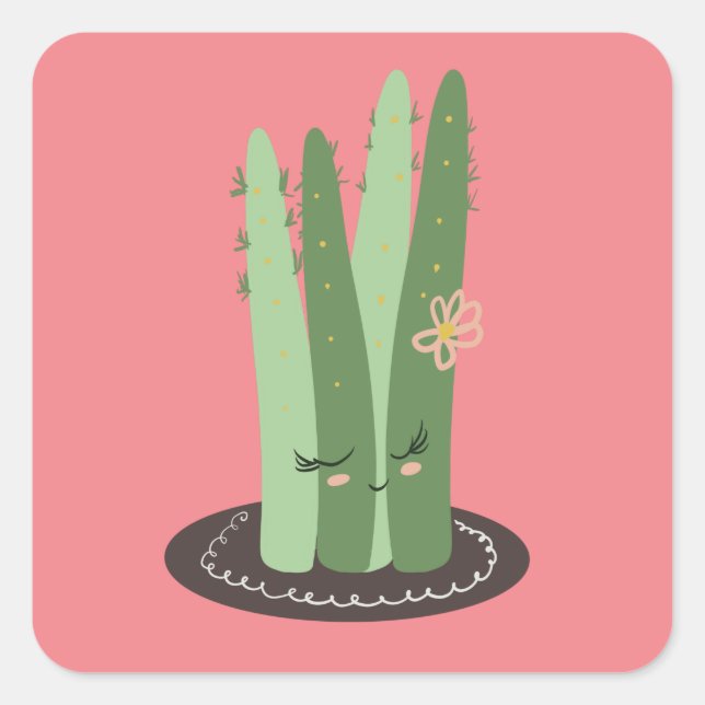Cactus Doodle Cartoon Funny Green Pink Square Sticker (Front)