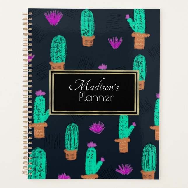 Cactus Doodle Pattern Monogrammd Planner (Front)