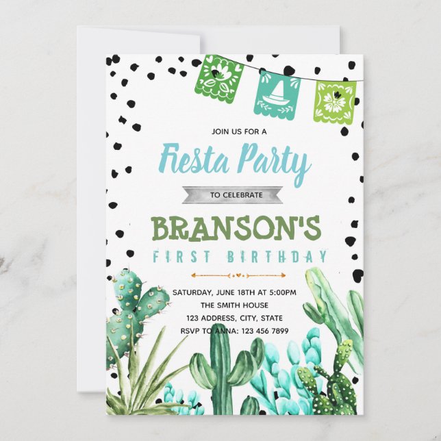 Cactus fiesta boy baby birthday invitation (Front)