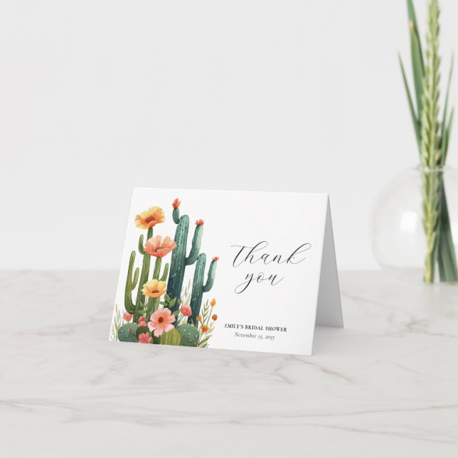 Cactus Fiesta Floral Bridal Shower Thank You Card (Front)