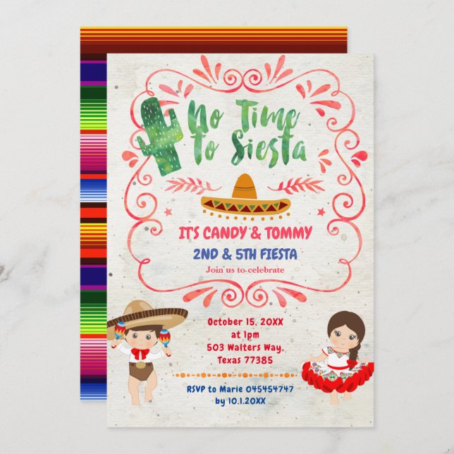  Cactus Fiesta Mexican Sibling Combined Birthday  Invitation (Front/Back)