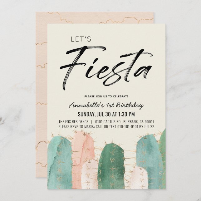 Cactus Fiesta Pink 1st Birthday Invitation (Front/Back)