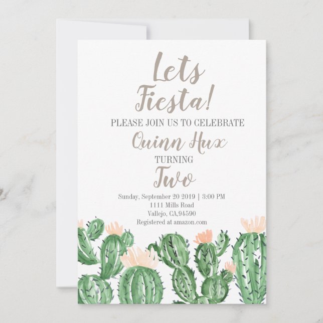 Cactus fiesta succulent birthday party invite (Front)