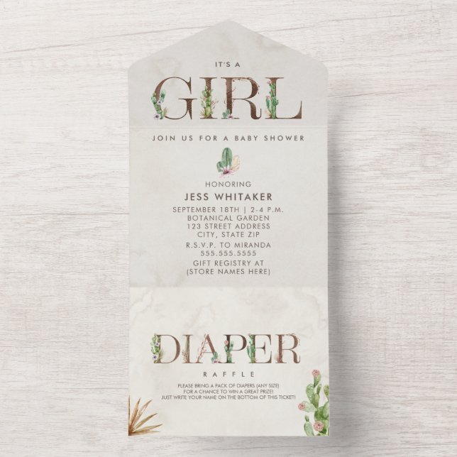 Cactus Floral Diaper Raffle Girl Baby Shower All In One Invitation (Inside)