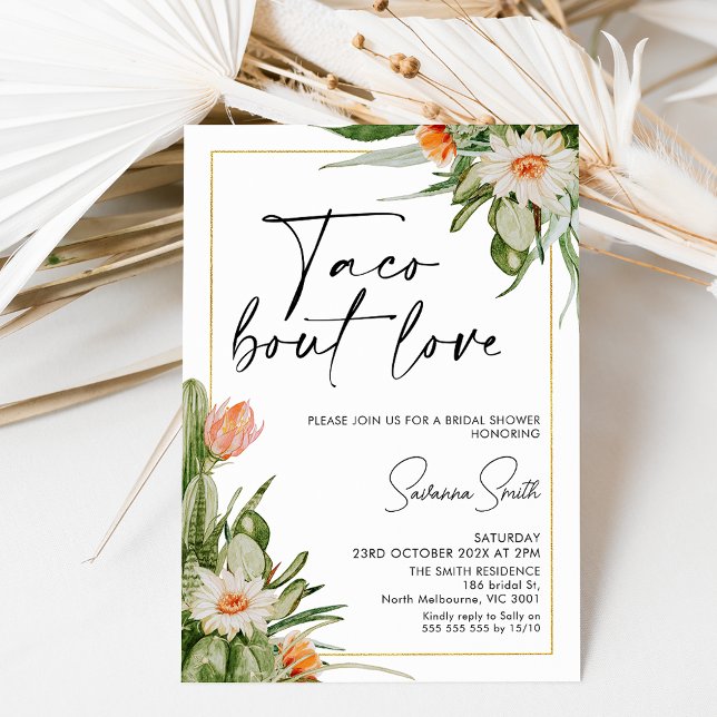 Cactus Floral Gold Frame Taco Love Bridal Shower Invitation (Creator Uploaded)