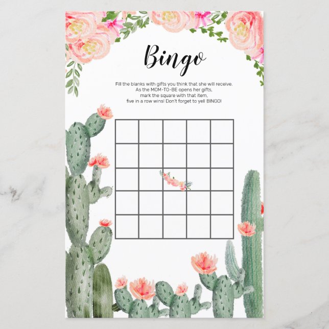 Cactus Floral Watercolor Bingo Game (Front)
