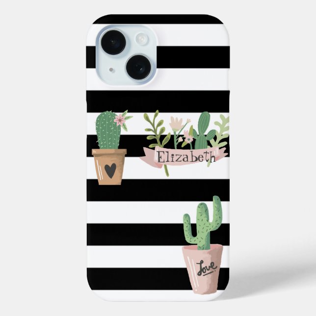 Cactus Flower Black White Stripes  Case-Mate iPhone Case (Back)