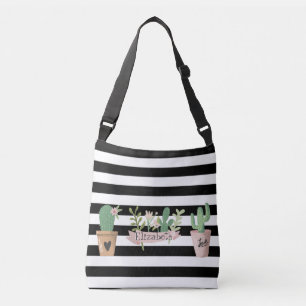 Cactus Flower Black White Stripes Crossbody Bag